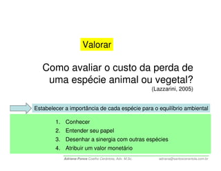Valorar

   Como avaliar o custo da perda de
    uma espécie animal ou vegetal?
                                                        (Lazzarini, 2005)


Estabelecer a importância de cada espécie para o equilíbrio ambiental

        1. Conhecer
        2. Entender seu papel
        3. Desenhar a sinergia com outras espécies
        4. Atribuir um valor monetário
           Adriana Ponce Coelho Cerântola, Adv. M.Sc.      adriana@santoscerantola.com.br
 