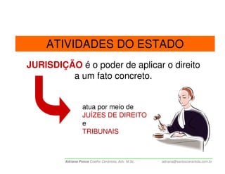 ATIVIDADES DO ESTADO
JURISDIÇÃO é o poder de aplicar o direito
         a um fato concreto.


                   atua por meio de
                   JUÍZES DE DIREITO
                   e
                   TRIBUNAIS



         Adriana Ponce Coelho Cerântola, Adv. M.Sc.   adriana@santoscerantola.com.br
 