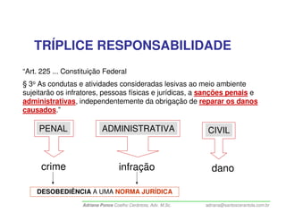 TRÍPLICE RESPONSABILIDADE
“Art. 225 ... Constituição Federal
§ 3o As condutas e atividades consideradas lesivas ao meio ambiente
sujeitarão os infratores, pessoas físicas e jurídicas, a sanções penais e
administrativas, independentemente da obrigação de reparar os danos
causados.”

     PENAL                  ADMINISTRATIVA                       CIVIL



      crime                         infração                      dano

    DESOBEDIÊNCIA A UMA NORMA JURÍDICA
                   Adriana Ponce Coelho Cerântola, Adv. M.Sc.   adriana@santoscerantola.com.br
 