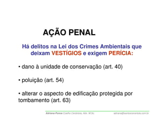 AÇÃO PENAL
 Há delitos na Lei dos Crimes Ambientais que
    deixam VESTÍGIOS e exigem PERÍCIA:

• dano à unidade de conservação (art. 40)

• poluição (art. 54)

• alterar o aspecto de edificação protegida por
tombamento (art. 63)

           Adriana Ponce Coelho Cerântola, Adv. M.Sc.   adriana@santoscerantola.com.br
 