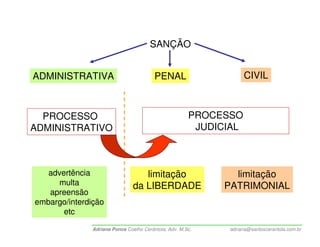 SANÇÃO


ADMINISTRATIVA                          PENAL                     CIVIL



  PROCESSO                                            PROCESSO
ADMINISTRATIVO                                         JUDICIAL



   advertência                    limitação                  limitação
     multa                     da LIBERDADE                PATRIMONIAL
   apreensão
embargo/interdição
       etc

              Adriana Ponce Coelho Cerântola, Adv. M.Sc.    adriana@santoscerantola.com.br
 