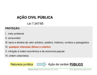 AÇÃO CIVIL PÚBLICA
                      Lei 7.347/85
PROTEÇÃO:

I. meio ambiente
II. consumidor
III. bens e direitos de valor artístico, estético, histórico, turístico e paisagístico
IV. qualquer interesse difuso e coletivo
V. infração à ordem econômica e da economia popular
VI. ordem urbanística


     Natureza jurídica                             Ação de caráter PÚBLICO
                       Adriana Ponce Coelho Cerântola, Adv. M.Sc.   adriana@santoscerantola.com.br
 