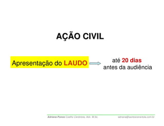 AÇÃO CIVIL

                                                         até 20 dias
Apresentação do LAUDO
                                                      antes da audiência




         Adriana Ponce Coelho Cerântola, Adv. M.Sc.        adriana@santoscerantola.com.br
 