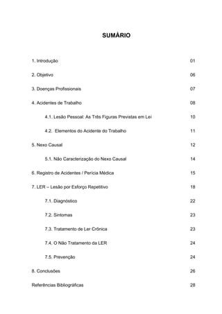 SUMÁRIO
1. Introdução 01
2. Objetivo 06
3. Doenças Profissionais 07
4. Acidentes de Trabalho 08
4.1. Lesão Pessoal: As Três Figuras Previstas em Lei 10
4.2. Elementos do Acidente do Trabalho 11
5. Nexo Causal 12
5.1. Não Caracterização do Nexo Causal 14
6. Registro de Acidentes / Perícia Médica 15
7. LER – Lesão por Esforço Repetitivo 18
7.1. Diagnóstico 22
7.2. Sintomas 23
7.3. Tratamento de Ler Crônica 23
7.4. O Não Tratamento da LER 24
7.5. Prevenção 24
8. Conclusões 26
Referências Bibliográficas 28
 