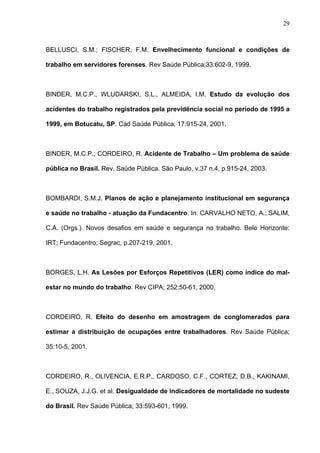 BELLUSCI, S.M.; FISCHER, F.M. Envelhecimento funcional e condições de
trabalho em servidores forenses. Rev Saúde Pública;33:602-9, 1999.
BINDER, M.C.P., WLUDARSKI, S.L., ALMEIDA, I.M. Estudo da evolução dos
acidentes do trabalho registrados pela previdência social no período de 1995 a
1999, em Botucatu, SP. Cad Saúde Pública; 17:915-24, 2001.
BINDER, M.C.P.; CORDEIRO, R. Acidente de Trabalho – Um problema de saúde
pública no Brasil. Rev. Saúde Pública. São Paulo, v.37 n.4, p.915-24, 2003.
BOMBARDI, S.M.J. Planos de ação e planejamento institucional em segurança
e saúde no trabalho - atuação da Fundacentro. In: CARVALHO NETO, A.; SALIM,
C.A. (Orgs.). Novos desafios em saúde e segurança no trabalho. Belo Horizonte:
IRT; Fundacentro; Segrac, p.207-219, 2001.
BORGES, L.H. As Lesões por Esforços Repetitivos (LER) como índice do mal-
estar no mundo do trabalho. Rev CIPA; 252:50-61, 2000.
CORDEIRO, R. Efeito do desenho em amostragem de conglomerados para
estimar a distribuição de ocupações entre trabalhadores. Rev Saúde Pública;
35:10-5, 2001.
CORDEIRO, R., OLIVENCIA, E.R.P., CARDOSO, C.F., CORTEZ, D.B., KAKINAMI,
E., SOUZA, J.J.G. et al. Desigualdade de indicadores de mortalidade no sudeste
do Brasil. Rev Saúde Pública; 33:593-601, 1999.
29
 