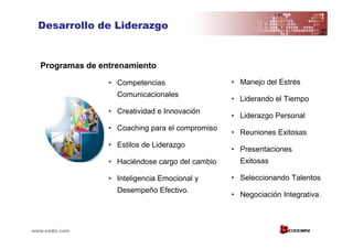 Desarrollo de Liderazgo


   Programas de entrenamiento

                  • Competencias                  • Manejo del Estrés
                    Comunicacionales
                                                  • Liderando el Tiempo
                  • Creatividad e Innovación
                                                  • Liderazgo Personal
                  • Coaching para el compromiso
                                                  • Reuniones Exitosas
                  • Estilos de Liderazgo
                                                  • Presentaciones
                  • Haciéndose cargo del cambio     Exitosas

                  • Inteligencia Emocional y      • Seleccionando Talentos
                    Desempeño Efectivo.
                                                  • Negociación Integrativa.



www.cedin.com
 
