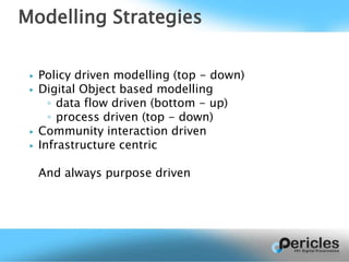 ▶ Policy driven modelling (top - down)
▶ Digital Object based modelling
◦ data flow driven (bottom - up)
◦ process driven (top - down)
▶ Community interaction driven
▶ Infrastructure centric
And always purpose driven
Modelling Strategies
 