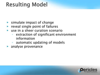 ▶ simulate impact of change
▶ reveal single point of failures
▶ use in a sheer curation scenario
◦ extraction of significant environment
information
◦ automatic updating of models
▶ analyse provenance
Resulting Model
 