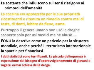 Le sostanze che influiscono sui sensi risalgono ai
   primordi dell'umanità
La cocaina era apprezzata per le sue proprietà
ricostituenti e ritenuta un rimedio contro mal di
testa, di denti, febbre da fieno, asma.
Purtroppo il genere umano non usò le droghe
scoperte solo per usi medici ma ne abusò …
l'ONU la descrive come un pericolo per la sicurezza
mondiale, anche perché il terrorismo internazionale
la spaccia per finanziarsi
I dati statistici sono terrificanti. La piccola delinquenza è
espressione del bisogno d’approvvigionamento di giovani e
ragazzi ormai schiavi della droga.
 