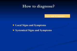 How to diagnose? Local Signs and Symptoms  Systemical Signs and Symptoms Signs and Symptoms 
