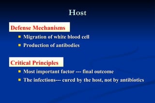 Host Migration of white blood cell Production of antibodies Most important factor --- final outcome The infections--- cured by the host, not by antibiotics Critical Principles Defense Mechanisms 