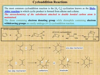 Cycloaddition Reactions
The most common cycloaddition reaction is the [4π+2π] cyclization known as the Diels-
Alder reaction in which cyclic product is formed from alkene and a diene.
The stereochemistry of the substituent attached to double bonded carbon atom is
maintained.
The diene containing electron donating group while dienophile containing electron
withdrawing groups are easily undergo (4+2) cycloaddition reaction.
O
O
O
CN
CNNC
NC
O
O
O
CN
CNNC
NC
+ +
(4+2) cycloaddition
(2+2+2) cycloaddition
+ one step mechanism
+ or+ - .
two step mechanism zwitterions diradicals
 