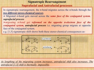 Sigmatropic Rearrangement
Suprafacial and Antrafacial processes
In sigmatropic rearrangement, the σ-bond migrates across the π-bonds through the
two different stereo-chemical sources.
 Migrated σ-bond gets moved across the same face of the conjugated system,
suprafacial process
migrating σ-bond get reformed on the opposite π-electron face of the
conjugated system, antrafacial process i.e. migrating group migrate at opposite
face of the conjugated system.
e.g. [1,5] sigmatropic shift shows both these stereo-chemical consequences as-
BA A B
H
C D
H
C D
BA
A B
HC D
H
C D
suprafacial
antrafacial
As lengthing of the migrating system increases, antrafacial shift also increases. The
antrafacial [1,3] shift is thermally impossible.
 