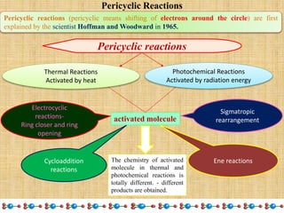 Pericyclic Reactions
Pericyclic reactions (pericyclic means shifting of electrons around the circle) are first
explained by the scientist Hoffman and Woodward in 1965.
Sigmatropic
rearrangement
Ene reactionsCycloaddition
reactions
Electrocyclic
reactions-
Ring closer and ring
opening
Pericyclic reactions
Photochemical Reactions
Activated by radiation energy
Thermal Reactions
Activated by heat
activated molecule
The chemistry of activated
molecule in thermal and
photochemical reactions is
totally different. - different
products are obtained.
 