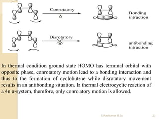 In thermal condition ground state HOMO has terminal orbital with
opposite phase, conrotatory motion lead to a bonding interaction and
thus to the formation of cyclobutene while disrotatory movement
results in an antibonding situation. In thermal electrocyclic reaction of
a 4n π-system, therefore, only conrotatory motion is allowed.
23S.Ravikumar M.Sc
 