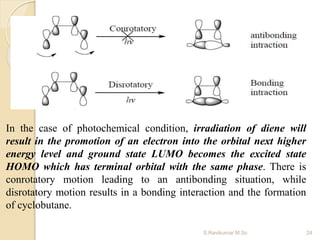 In the case of photochemical condition, irradiation of diene will
result in the promotion of an electron into the orbital next higher
energy level and ground state LUMO becomes the excited state
HOMO which has terminal orbital with the same phase. There is
conrotatory motion leading to an antibonding situation, while
disrotatory motion results in a bonding interaction and the formation
of cyclobutane.
24S.Ravikumar M.Sc
 