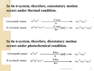 In 4n π-system, therefore, disrotatory motion
occurs under photochemical condition.
In 4n π-system, therefore, conrotatory motion
occurs under thermal condition.
33S.Ravikumar M.Sc
 