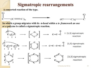 Sigmatropic rearrangements
A concerted reaction of the type.
In which a group migrates with its σ-bond within a π- framework an one
or a polyene is called a sigmatropic reaction.
41S.Ravikumar M.Sc
 