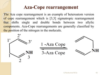 Aza-Cope rearrangement
The Aza cope rearrangement is an example of heteroatom version
of cope rearrangement which is [3,3] sigmatropic rearrangement
that shifts single and double bonds between two allylic
components. Aza-Cope rearrangements are generally classified by
the position of the nitrogen in the molecule.
45S.Ravikumar M.Sc
 