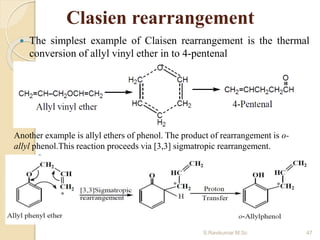 Clasien rearrangement
 The simplest example of Claisen rearrangement is the thermal
conversion of allyl vinyl ether in to 4-pentenal
Another example is allyl ethers of phenol. The product of rearrangement is o-
allyl phenol.This reaction proceeds via [3,3] sigmatropic rearrangement.
47S.Ravikumar M.Sc
 