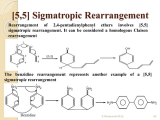 [5,5] Sigmatropic Rearrangement
Rearrangement of 2,4-pentadienylphenyl ethers involves [5,5]
sigmatropic rearrangement. It can be considered a homologous Claisen
rearrangement
The benzidine rearrangement represents another example of a [5,5]
sigmatropic rearrangement
49S.Ravikumar M.Sc
 