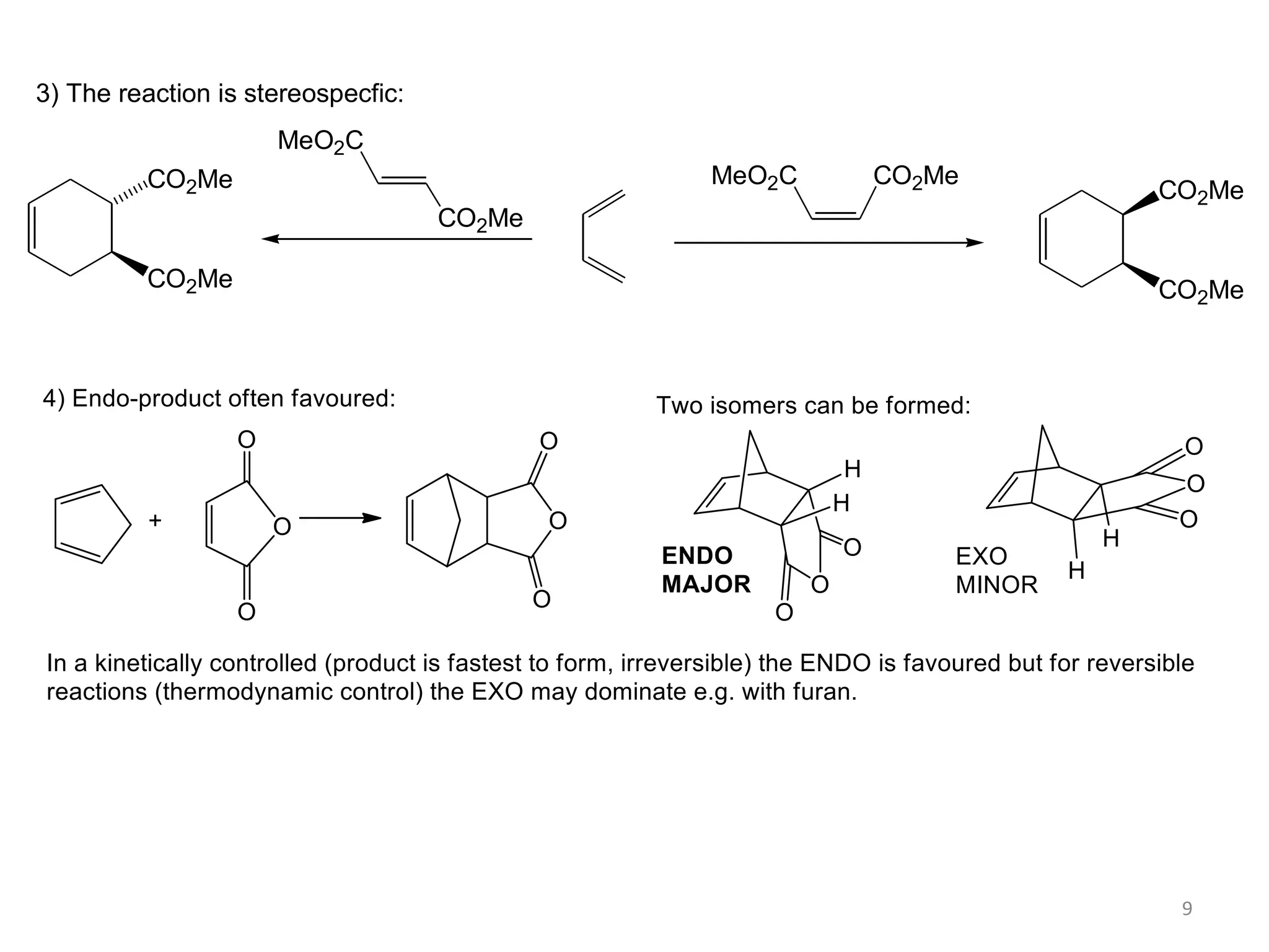 3) The reaction is stereospecfic:
MeO2C
CO2Me
CO2Me
CO2Me
MeO2C
CO2Me
CO2Me
CO2Me
9
 