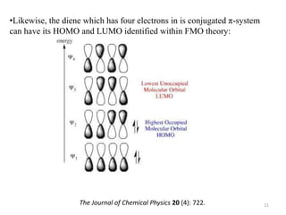 11
•Likewise, the diene which has four electrons in is conjugated π-system
can have its HOMO and LUMO identified within FMO theory:
The Journal of Chemical Physics 20 (4): 722.
 