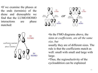 •If we examine the phases at
the ends (terminis) of the
diene and dieneophile we
find that the LUMO/HOMO
interactions are phase
matched:
12
•In the FMO diagrams above, the
sizes or coefficients, are all the same
size, but
usually they are of different sizes. The
rule is that the coefficients match as
well: small with small and large with
large.
•Thus, the regioselectivity of the
cycloaddition can be explained
 