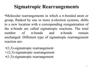 •Molecular rearrangements in which a σ-bonded atom or
group, flanked by one or more π-electron systems, shifts
to a new location with a corresponding reorganization of
the π-bonds are called sigmatropic reactions. The total
number of σ-bonds and π-bonds remain
unchanged. Diffenent type of sigmatropic rearrangement
reaction are-
Sigmatropic Rearrangements
•(3,3)-sigmatropic rearrangement
• (2,3)-sigmatropic rearrangement
•(1,5)-sigmatropic rearrangement
15
 