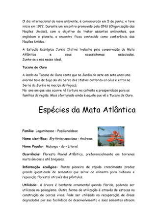 O dia internacional do meio ambiente, é comemorado em 5 de junho, e teve
inicio em 1972. Durante um encontro promovido pela ONU (Organização das
Nações Unidas), com o objetivo de tratar assuntos ambientais, que
englobam o planeta, o encontro ficou conhecido como conferência das
Nações Unidas.

A Estação Ecológica Juréia Itatins trabalha pela conservação da Mata
Atlântica         e            seus          ecossistemas       associados.
Junte-se a nós nesse ideal.

Tucano de Ouro

A lenda do Tucano de Ouro conta que na Juréia de sete em sete anos uma
enorme bola de fogo sai da Serra dos Itatins cortando os céus e entra na
Serra da Juréia no maciço do Pogoçá.
No ano em que isso ocorre há fartura na colheita e prosperidade para as
famílias da região. Mais afortunado ainda é aquele que vê o Tucano de Ouro.




Família: Leguminosae – Papilionoideae

Nome científico: Erythrina speciosa - Andrews

Nome Popular: Mulungu - do – Litoral

Ocorrência: Floresta Pluvial Atlântica, preferencialmente em terrenos
muito úmidos e até brejosos.

Informação ecológica: Planta pioneira de rápido crescimento produz
grande quantidade de sementes que serve de alimento para avifauna e
reposição florestal através das plântulas.

Utilidade: A árvore é bastante ornamental quando florida, podendo ser
utilizada no paisagismo. Outra forma de utilização é através de estacas na
construção de cercas vivas. Pode ser utilizada na recuperação de áreas
degradadas por sua facilidade de desenvolvimento e suas sementes atraem
 