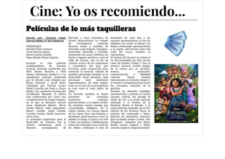 Escrito por: Victoria López
García-Núñez (5º de Primaria)

PERSONAJES

Mirabel Felixs Antonio

Luisa Dolores Julieta

Bruno Camilo Isabella

Pepa Abuela (Alma) Agustin

Encanto es una película
estadounidense de fantasía
musical animada producida por
Walt Disney Pictures y Walt
Disney Animation Studios.5 6 La
sexagésima película producida
por el estudio, está dirigida por
Byron Howard y Jared Bush,
codirigida por Charise Castro
Smith y escrita por Bush y Castro
Smith, con canciones escritas por
Lin-Manuel Miranda. El elenco
está conformado por voces casi
completamente de origen hispano,
en el que se destacan actores
como Stephanie Beatriz, María
Cecilia Botero, John Leguizamo,
Mauro Castillo, Angie Cepeda,
Carolina Gaitán, Diane Guerrero,
entre otros.

La principal inspiración para el
desarrollo de Encanto fue la
cultura colombiana. Bush y
Howard, acompañados de
Miranda y otros miembros de
Disney desarrollaron un trabajo
de investigación visitando
diversas zonas y ciudades de
Colombia como Bogotá, Cartagena,
Santander, Risaralda y Quindío,
incluyendo las zonas cafeteras, los
llanos y lugares turísticos como el
valle de Cocora, con el fin de
conocer acerca de las tradiciones
y costumbres del país que
servirían como inspiración para
construir la historia, además de
modelar personajes basados en la
diversidad racial presente, cada
personaje viste elementos
representativos de cada región,
como es el caso de la protagonista
la cual viste el traje típico de
Vélez. 

En Encanto también se hacen
presentes los conocidos
sombreros vueltiaos
pertenecientes a la región Caribe,
las mochilas wayúu creadas por
comunidades indígenas de la
región guajira, las ruanas típicas
de las zonas frías colombianas y
elementos gastronómicos como la
panela, la arepa, el ajiaco y el café
o tinto. La alusión a celebraciones
únicas de Colombia como el día de
las velitas, celebrada el siete de
diciembre de cada año o las
macetas pertenecientes al día los
ahijados, las cuales se llenan con
dulces artesanales pertenecientes
a la región, celebración única del
Valle del Cauca, también se
representan.

El estreno de Encanto se realizó el
25 del noviembre de 2021 en los
cines de Estados Unidos.7 Tras su
estreno, Encanto recibió elogios
de la crítica por su emoción,
música, animación,
caracterización y fidelidad
cultural. Varias reseñas
mencionaron el realismo mágico y
el trauma transgeneracional como
los conceptos centrales de la
película. 

Encanto ha obtenido múltiples
nominaciones y premios en varios
círculos críticos. Ha ganado el
Globo de Oro a la mejor película
animada y el Premio de la
National Board of Review a la
mejor película animada. En la 94.ª
edición de los Premios Óscar, la
película fue nominada a Mejor
película de animación, mientras
que su banda sonora y tema "Dos
Oruguitas" compiten por Mejor
banda sonora original y Mejor
canción original, respectivamente.
Películas de lo más taquilleras
Cine: Yo os recomiendo...
 