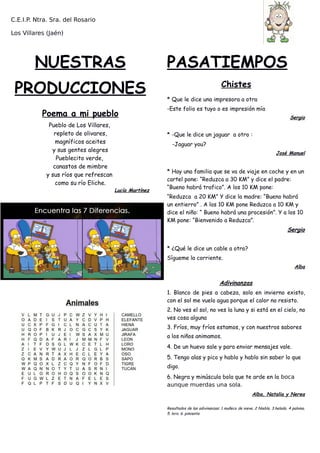 C.E.I.P. Ntra. Sra. del Rosario
Los Villares (Jaén)
NUESTRAS
PRODUCCIONES
Poema a mi pueblo
Pueblo de Los Villares,
repleto de olivares,
magníficos aceites
y sus gentes alegres
Pueblecito verde,
canastos de mimbre
y sus ríos que refrescan
como su río Eliche.
Lucía Martínez
PASATIEMPOS
Chistes
* Que le dice una impresora a otra
-Este folio es tuyo o es impresión mía
Sergio
* -Que le dice un jaguar a otro :
-Jaguar you?
José Manuel
* Hay una familia que se va de viaje en coche y en un
cartel pone: “Reduzca a 30 KM” y dice el padre:
“Bueno habrá trafico”. A los 10 KM pone:
“Reduzca a 20 KM” Y dice la madre: “Bueno habrá
un entierro” . A los 10 KM pone Reduzca a 10 KM y
dice el niño: “ Bueno habrá una procesión”. Y a los 10
KM pone: “Bienvenido a Reduzca”.
Sergio
* ¿Qué le dice un cable a otro?
Sígueme la corriente.
Alba
Adivinanzas
1. Blanco de pies a cabeza, solo en invierno existo,
con el sol me vuelo agua porque el calor no resisto.
2. No ves el sol, no ves la luna y si está en el cielo, no
ves cosa alguna
3. Fríos, muy fríos estamos, y con nuestros sabores
a los niños animamos.
4. De un huevo sale y para enviar mensajes vale.
5. Tengo alas y pico y hablo y hablo sin saber lo que
digo.
6. Negra y minúscula bola que te arde en la boca
aunque muerdas una sola.
Alba, Natalia y Nerea
Resultados de las adivinanzas: 1 muñeco de nieve. 2 Niebla. 3.helado. 4 paloma.
5. loro. 6. pimienta
 