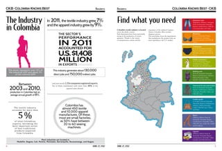 Business

The Industry
in Colombia

In 2011, the textile industry grew 7%
and the apparel industry grew by 9%.

Business

Find what you need
Colombia’s textile industry is located
across the whole country.
Each department have been particularly
strong in the production of certain
garments. Thanks to the variety
of transportation carriers and the

the Sector´s

experience of the industry’s logistics
chains, Colombia offers excelent
shipping options.
The map below, shows the departments
that manufacture the products that are
more appealing to the U.S. market:

Jeanswear wear:
Magdalena, Atlántico, Antioquia,
Norte de Santander, Santander,
Bogotá, Cundinamarca, Valle del
Cauca, Risaralda, and Caldas.
Brassieres:
Norte de Santander, Bogotá,
Cundinamarca, Antioquia,
Risaralda, Quindío, and Valle del
Cauca.
Underpants:
Norte de Santander, Santander,
Bogotá, Cundinamarca, Caldas,
Risaralda, Quindío, and Valle del
Cauca.
Girdles and panties:
Norte de Santander, Bogotá,
Cundinamarca, Atlántico,
Risaralda, and Valle del Cauca.

in exports
The sector represents over 12% of
the industrial GDP and about 2%
of the national GDP.

Between

2003 and 2010,

5%

production in Colombia had an
average annual growth of 8%.
The textile industry
accounts for more than
of total Colombian
exports, becoming the
most important sector
of non-traditional
products exported
from Colombia.

This industry generates about 130,000
direct jobs and 750,000 indirect jobs.

Bathing suits:
Norte de Santander, Santander,
Bogotá, Cundinamarca, Atlántico,
Bolívar, Risaralda, Caldas,
Quindío, and Valle del Cauca.

Last year nearly 1,356 companies registered exports.
Ten of them contributed with more than 40% of the
apparel sales abroad.

Outerwear for men and women:
Norte de Santander, Santander,
Bogotá, Cundinamarca, Atlántico,
Antioquia, Risaralda, Caldas, and
Valle del Cauca.
Leather goods:
La Guajira, Norte de Santander,
Santander, Bogotá, Cundinamarca,
Atlántico, Bolívar, Risaralda,
Caldas, Valle del Cauca, Tolima,
and Huila.

Colombia has
almost 450 textile
and 10,000 apparel
manufactures. Of these,
most are small factories,
as 50% have between
20 to 60 sewing
machines.

Shoes:
Atlántico, Bolívar, Norte de
Santander, Santander, Bogotá,
Cundinamarca, Risaralda, Caldas,
Valle del Cauca, Huila, San Andrés
and Providencia.

Apparel:
Atlántico, Bolívar, Norte de
Santander, Santander, Bogotá,
Cundinamarca, Risaralda, Caldas,
Quindío, and Valle del Cauca.

Most industries are located in:
Medellin, Bogota, Cali, Pereira, Manizales, Barranquilla, Bucaramanga, and Ibague.

4

JUNE 27, 2012

JUNE 27, 2012

5

 