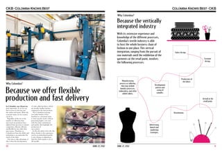 Because the vertically
integrated industry
With its extensive experience and
knowledge of the different processes,
Colombia’s textile industry is able
to host the whole business chain of
fashion in one place. This vertical
integration, ranging from the pursuit of
raw materials until the exhibition of the
garments at the retail point, involves
the following processes:

Manufacturing
process or tailoring,
that may include
laundry processes,
embroidery, and other
added values.

Because we offer flexible
production and fast delivery
In Colombia, our clients are
most important. So we do our
best to serve in the best way
the wishes and needs. What the
customer wants, in our country
can do it.
Regardless of the size or the
number of collections they
may need, our producers have
adjusted their processes to remain
competitive, efficient, effective
and flexible for any orders they
may receive. Therefore, in
Colombia we have the ability and
technology to accommodate the
needs of any client.
One way to take advantage of
this is thru the developement

10

Fabric design.
Costume
design.

Production of
the fabric.
Development
pattern and
sizing of
samples.
Arrival at the
retail point.

of value added products, which
are usually, smaller batches,
compared to the line products.
The Colombian sourcing
can make batches of five
hundred or a thousand units,
to meet specific needs, without
generating higher costs and
with the same commitment
and quality that highlight the
production of
our country.
In this also plays a key role, the
labor, thanks to his experience,
can be accommodated quickly
to any change or adjustment
that the client require to do to
the models.

Distribution.

Advertising,
launch and
marketing
strategies.

JUNE 27, 2012

JUNE 27, 2012

11

 