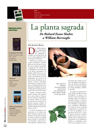 El río
                                                                                Wade Davis
                                                                                Fondo de Cultura Económica
                                                                                México, 2004




                                          Bibliografía selecta
                                          sobre drogas
                                                                         La planta sagrada
                                                                                           De Richard Evans Shultes
                                                                                            a William Burroughs

                                                                    Por Alberto Rahal



                                                                    D
                                                                                   os célebres persona-
                                                                                   jes estadounidenses
                                                                                   visitaron la amazo-
                                          La búsqueda del olvido                   nía colombiana a
                                          Richard Davenport-Hines   mediados de la década de los 50
                                          FCE - Turner              con un mismo propósito aunque
                                          543 páginas               con perspectivas diferentes.
                                          Madrid, 2003                  Richard Evans Schultes, reco-
                                                                    nocido etnobotánico pretendía
                                                                    develar los secretos que se escon-
                                                                    dían tras las plantas medicinales
                                                                    y sagradas que las culturas nati-
                                                                    vas empleaban en sus ceremonias
                                                                    y sus efectos psicotrópicos. Su
                                                                    biógrafo, Wade Davis, nos cuen-
                                                                    ta que Schultes recorrió durante
                                                                    más de una década los cinco ríos
                                           Haschisch                emblemáticos que surcan el sur
                                           Walter Benjamin          del territorio colombiano, de oc-                                      proveedor) que contaba con cul-
                                           Taurus                   cidente a oriente: el Amazonas,                                        tivos sostenibles, desarrollados a
                                           Madrid, 2003             el Putumayo, el Caquetá, el Apa-                Abajo: Hoja de la      partir de semillas contrabandea-
                                           160 páginas              poris y el Vaupés haciendo un le-                       ayahuasca.     das desde la amazonia brasilera
                                                                    vantamiento detallado de más de              En quechua significa      por Henry Wickham. (DAVIS,
                                                                    25.000 especies botánicas dersco-                  ‘soga de muerto’    p. 361-362)
                                                                    nocidas para la ciencia de la época.        por su etimología aya,
                                                                                                                                               En cuanto a su proyecto per-
                                                                        Aunque su propósito funda-           ‘muerto, difunto, espíritu’
                                                                                                                                           sonal, Schultes estudió los efectos
                                                                    mental (encargo del gobierno                y waska ‘soga, cuerda’.
                                                                                                                                           alucinógenos de plantas cere-
                                                                    de su país) era hacer el levanta-                                      moniales como el borrachero, la
                                                                    miento taxonómico detallado de
#12 periódicodelibros LECTURAS CRÍTICAS




                                                                                                                                           ayahuasca (yagé), los hongos de
                                                                    las diversas especies de caucho                                        san Isidro, el yoco, etc. Y deter-
                                                                    que abundan en la amazonía, su                                         minó las propiedades tonificantes
                                                                    proyecto personal consistía en                                         del erithroxylum novogranatense,
                                                                    clasificar y probar las plantas con-                                   (coca colombiana) difundiendo
                                           Historia elemental de    sideradas sagradas por las culturas                                    las ventajas de su uso medicinal
                                           las drogas               nativas y su uso.                                                      y abogando por el desmonte de
                                           Antonio Escohotado           El interés del gobierno nor-                                       las leyes que prohibían su uso
                                           Compactos Anagrama       teamericano en el caucho ama-                                          personal en los EE.UU. Tal vez
                                           Madrid, 2008             zónico radicaba en que éste es un                                      la historia reciente de Colombia
                                           248 páginas              elemento esencial para la indus-                                       le deba más de lo que creemos a
                                                                    tria militar y durante la segunda                                      Schultes. Por sus campañas acerca
                                                                    guerra mundial, su suministro se                                       del desmonte de la prohibición,
                                                                    vio amenazado a causa de la in-                                        Schultes es considerado actual-
                                                                    vasión japonesa a Malasia (único                                       mente como el padre de la revo-

16
 
