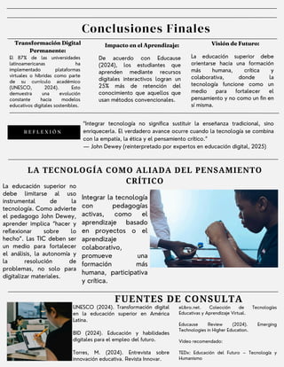 LA TECNOLOGÍA COMO ALIADA DEL PENSAMIENTO
CRÍTICO
La educación superior no
debe limitarse al uso
instrumental de la
tecnología. Como advierte
el pedagogo John Dewey,
aprender implica “hacer y
reflexionar sobre lo
hecho”. Las TIC deben ser
un medio para fortalecer
el análisis, la autonomía y
la resolución de
problemas, no solo para
digitalizar materiales.
Integrar la tecnología
con pedagogías
activas, como el
aprendizaje basado
en proyectos o el
aprendizaje
colaborativo,
promueve una
formación más
humana, participativa
y crítica.
UNESCO (2024). Transformación digital
en la educación superior en América
Latina.
BID (2024). Educación y habilidades
digitales para el empleo del futuro.
Torres, M. (2024). Entrevista sobre
innovación educativa. Revista Innovar.
eLibro.net. Colección de Tecnologías
Educativas y Aprendizaje Virtual.
Educause Review (2024). Emerging
Technologies in Higher Education.
Video recomendado:
TEDx: Educación del Futuro – Tecnología y
Humanismo
“Integrar tecnología no significa sustituir la enseñanza tradicional, sino
enriquecerla. El verdadero avance ocurre cuando la tecnología se combina
con la empatía, la ética y el pensamiento crítico.”
— John Dewey (reinterpretado por expertos en educación digital, 2025)
R E F L E X I Ó N
FUENTES DE CONSULTA
Conclusiones Finales
Transformación Digital
Permanente:
El 87% de las universidades
latinoamericanas ha
implementado plataformas
virtuales o híbridas como parte
de su currículo académico
(UNESCO, 2024). Esto
demuestra una evolución
constante hacia modelos
educativos digitales sostenibles.
Visión de Futuro:
La educación superior debe
orientarse hacia una formación
más humana, crítica y
colaborativa, donde la
tecnología funcione como un
medio para fortalecer el
pensamiento y no como un fin en
sí misma.
De acuerdo con Educause
(2024), los estudiantes que
aprenden mediante recursos
digitales interactivos logran un
25% más de retención del
conocimiento que aquellos que
usan métodos convencionales.
Impacto en el Aprendizaje:
 