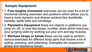 Jens Martensson
• 1. Free weights movement exercises can be used for a lot of
functional training exercises and positions which allows you to
have a more dynamic and diverse workout like dumbbells,
barbells, kettle bells and sandbags.
• 2. Plyometric Equipment these are objects or platforms you
jump on, off, or over like boxes, hurdles, stairs which improves
your jumping skills by working out your arm and leg muscles.
• 3. Workout straps or bands these can be used to perform
various exercises for different body parts that involve a lot of
pulling, pressing, and extending. Examples are suspension
straps and resistance bands.
14
Sample Equipment
 