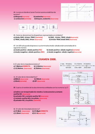 44. La zona endonde el zenerfuncionacomoestabilizarde
tension?
a) Bloqueo(Incorrecta) b) avalancha(Incorrecta)
c) conduccion(correcta) d) bloqueo, avalancha (Incorrecta)
45. Comose denominanlosdispositivosrepresentadosensimbolos?
a) diodo,DIAC, tiristor; TRIAC (correcta) b) DIAC, tiristor, TRIAC, diodo(Incorrecta)
c) TRIAC, diodo,DIAC, tirisor (Incorrecta) d) tiristor TRIAC diodo DIAC(Incorrecta)
47. Un SCR solopuede diaprarse si susterminalesánodo-cátodoestánconectadasde la
siguiente manera:
a) ánodo positivo- cátodo positivoINC) b) ánodo positivo- cátodo negativo(correcta)
c) ánodo neagativo- cátodo positivo.(INC) c) ánodo neagativo- cátodo negativo(Incorrecta)
EXAMEN 2008.
8. El valor de la impedanciatotal es?
a) 7.08ohmsCORRECTA b) 5.23ohms (Incorrecta)
c) 12.24ohms. (Incorrecta) d) 25ohms (Incorrecta)
11. El valorde la intensidad4es?
a)500mA (Incorrecta) b) 435mA (Incorrecta)
c) 65mA(correcta) d) 65ª (Incorrecta)
37. Cual es el nombre de losdoselementosseñaladosconlosnumeros1y2?
a) bobina con temporizadorde retardo a la desconexionycontacto
auxililarNC.(Incorrecta)
b) pulsador NCy contacto auxiliar NC(Incorrecta)
c) contacto auxiliarNO y luz piloto. (Incorrecta)
d) pulsador NCy luzpiloto. (correcta)
42. El valorde Intesidad colectores?
a) 47.08nA (Incorrecta) b) 47.08µACORRECTA
c) 2.35mA (Incorrecta) d) 2.3 A(Incorrecta)
 