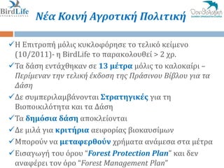 Νέα Κοινή Αγροτική Πολιτική

Η Επιτροπό μόλισ κυκλοφόρηςε το τελικό κεύμενο
 (10/2011)- η BirdLife το παρακολουθεύ > 2 χρ.
Τα δϊςη εντϊχθηκαν ςε 13 μέτρα μόλισ το καλοκαύρι –
 Περύμεναν την τελικό ϋκδοςη τησ Πρϊςινου Βύβλου για τα
 Δϊςη
Δε ςυμπεριλαμβϊνονται Στρατηγικέσ για τη
 Βιοποικιλότητα και τα Δϊςη
Τα δημόςια δάςη αποκλεύονται
Δε μιλϊ για κριτήρια αειφορύασ βιοκαυςύμων
Μπορούν να μεταφερθούν χρόματα ανϊμεςα ςτα μϋτρα
Ειςαγωγό του όρου “Forest Protection Plan” και δεν
 αναφϋρει τον όρο “Forest Management Plan”
 