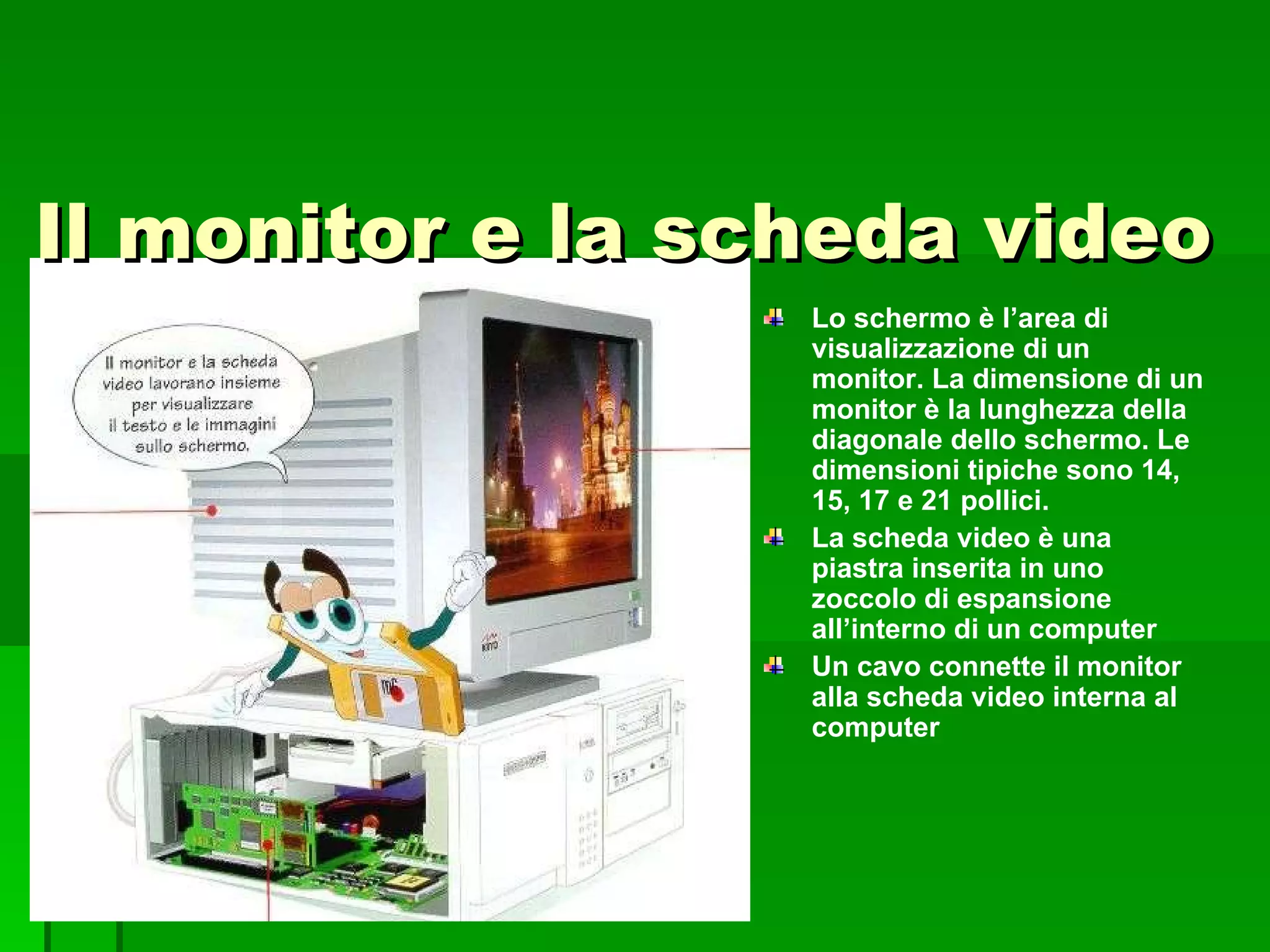 Il monitor e la scheda video Lo schermo è l’area di visualizzazione di un monitor. La dimensione di un monitor è la lunghezza della diagonale dello schermo. Le dimensioni tipiche sono 14, 15, 17 e 21 pollici. La scheda video è una piastra inserita in uno zoccolo di espansione all’interno di un computer Un cavo connette il monitor alla scheda video interna al computer 