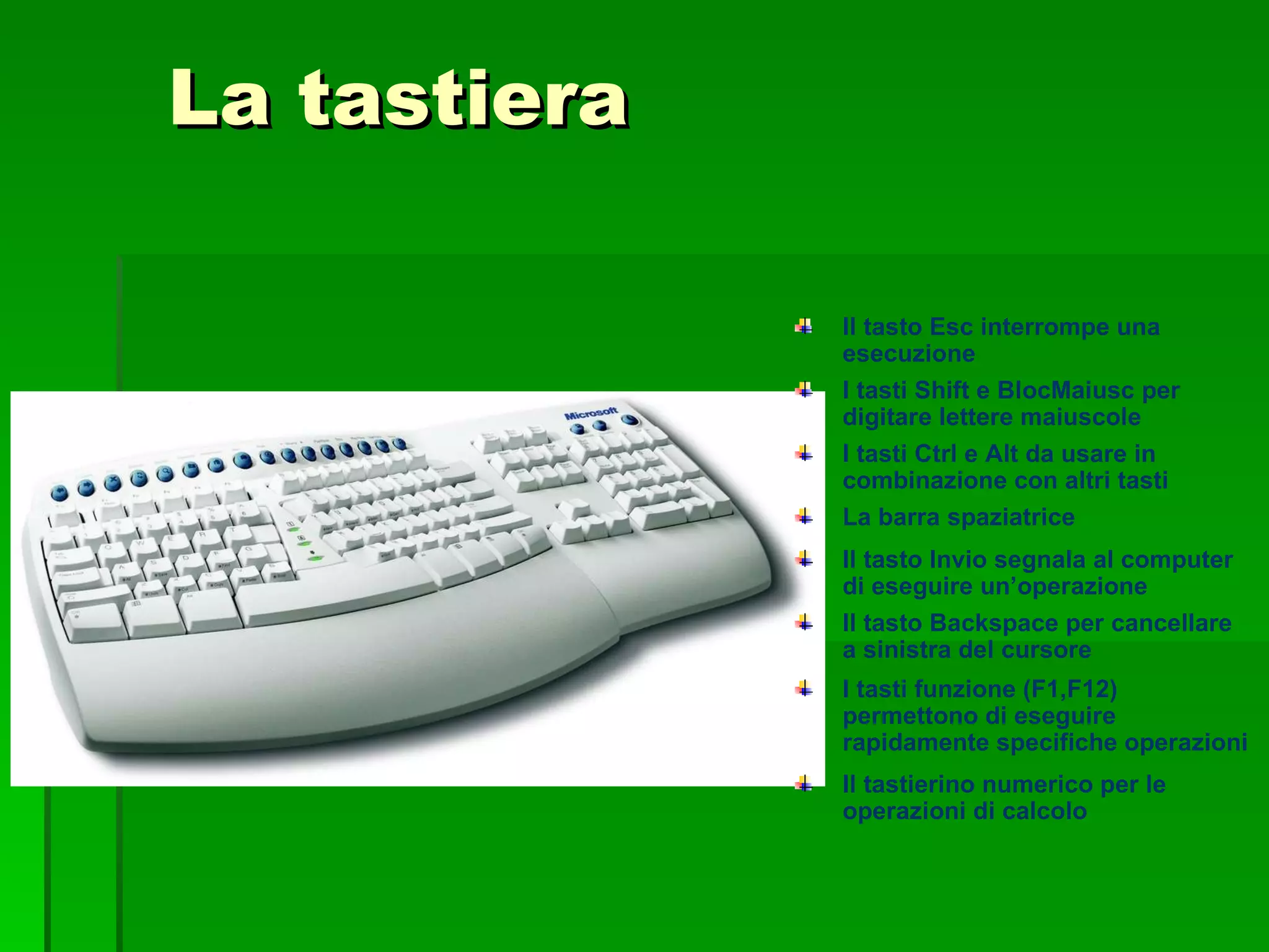 La tastiera Il tasto Esc interrompe una esecuzione I tasti Shift e BlocMaiusc per digitare lettere maiuscole I tasti Ctrl e Alt da usare in combinazione con altri tasti La barra spaziatrice Il tasto Invio segnala al computer di eseguire un’operazione Il tasto Backspace per cancellare a sinistra del cursore I tasti funzione (F1,F12) permettono di eseguire rapidamente specifiche operazioni Il tastierino numerico per le operazioni di calcolo 