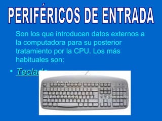 Son los que introducen datos externos a
 la computadora para su posterior
 tratamiento por la CPU. Los más
 habituales son:
• Teclado
 