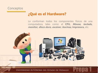 Conceptos
¿Qué es el Hardware?
Lo conforman todos los componentes físicos de una
computadora, tales como: el CPU, Mouse, teclado,
monitor, disco duro, escáner, bocinas, impresora, etc.
 