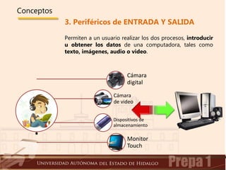 Conceptos
3. Periféricos de ENTRADA Y SALIDA
Permiten a un usuario realizar los dos procesos, introducir
u obtener los datos de una computadora, tales como
texto, imágenes, audio o video.
.
Cámara
digital
Cámara
de video
Dispositivos de
almacenamiento
Monitor
Touch
 