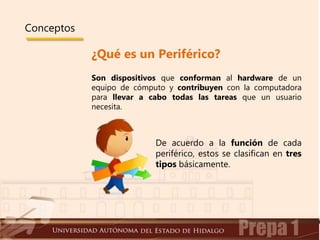 Conceptos
¿Qué es un Periférico?
Son dispositivos que conforman al hardware de un
equipo de cómputo y contribuyen con la computadora
para llevar a cabo todas las tareas que un usuario
necesita.
De acuerdo a la función de cada
periférico, estos se clasifican en tres
tipos básicamente.
 