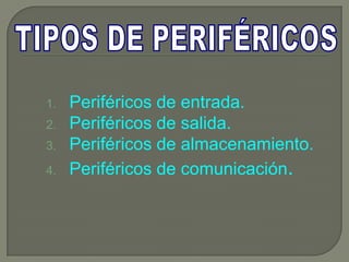 1.   Periféricos de entrada.
2.   Periféricos de salida.
3.   Periféricos de almacenamiento.
4.   Periféricos de comunicación.
 