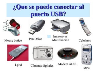 ¿Que se puede conectar al puerto USB? Mouse óptico Pen Drive Impresoras  Multifunción Cámaras digitales I-pod MP4 Celulares Modem ADSL 