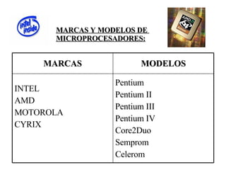 MARCAS Y MODELOS DE  MICROPROCESADORES: Pentium  Pentium II Pentium III Pentium IV Core2Duo Semprom Celerom INTEL AMD MOTOROLA CYRIX MODELOS MARCAS 