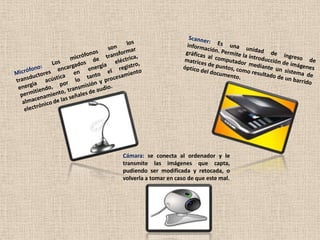 Cámara: se conecta al ordenador y le
transmite las imágenes que capta,
pudiendo ser modificada y retocada, o
volverla a tomar en caso de que este mal.
 