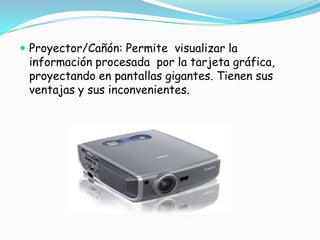 Proyector/Cañón: Permite  visualizar la información procesada  por la tarjeta gráfica, proyectando en pantallas gigantes. Tienen sus ventajas y sus inconvenientes.